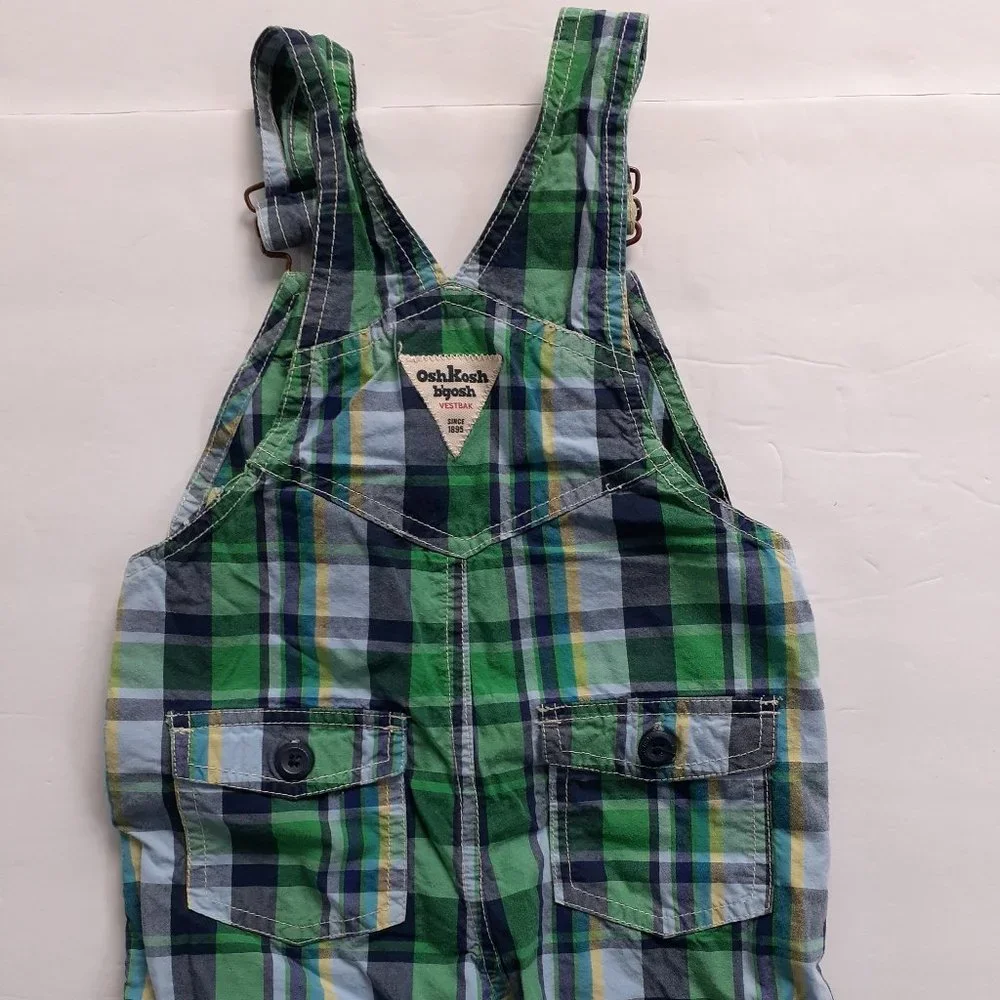 Oshkosh Boys Overall Shorts Green Plaid Shortalls 18 Months